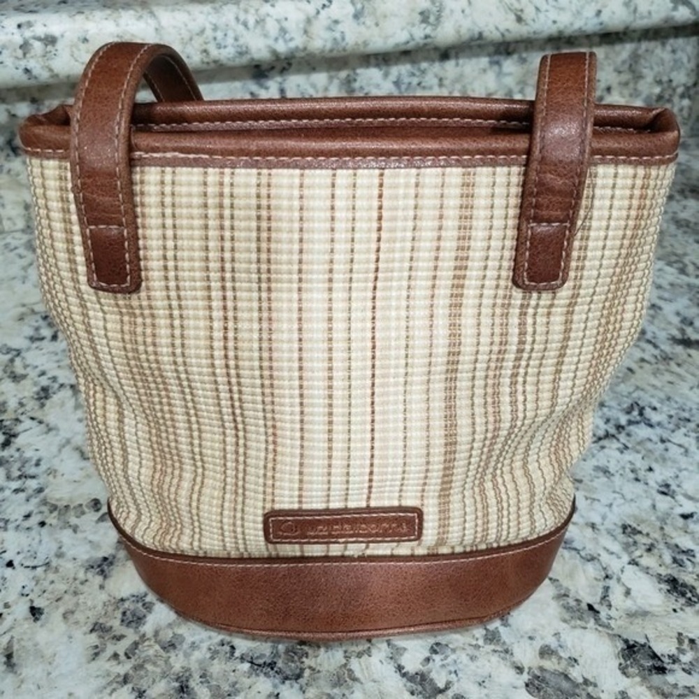 Liz Claiborne Striped Woven Shoulder Bag Brown Trim Pineapple Charm Tropical